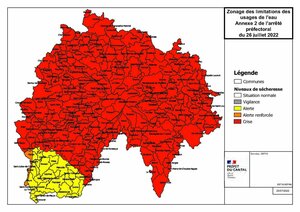 Restrictions d'eau : la quasi-totalité du Cantal placée au niveau crise
